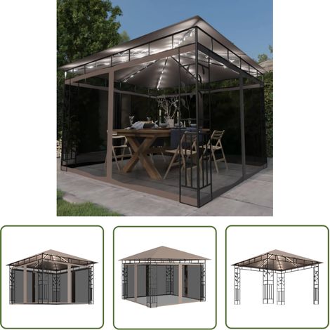 The Living Store Tonnelle avec moustiquaire et lumières Led 3x3x2,73 m Taupe - Tente De Jardin - Tonnelle Pliable - Abri Solaire - Gazebo - Parasol (1/5)