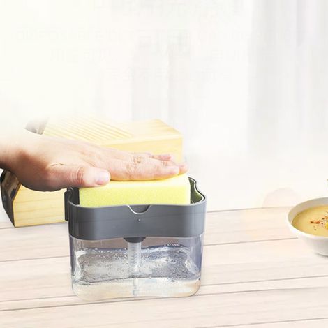 Distributeur de savon à pression gris, distributeur de liquide vaisselle, boîte de distribution automatique pour éponges à récurer, brosses à vaisselle et distributeurs de savon. (1/5)