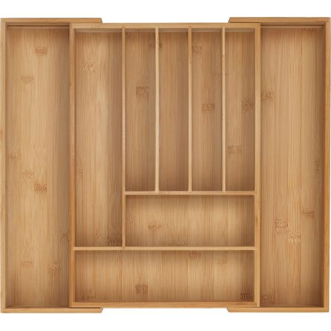 Relaxdays Cutlery Tray, 7-9 Compartments, 5 x 31-50 x 45 cm, Extendable Drawer Organiser, Bamboo, Kitchen, Natural