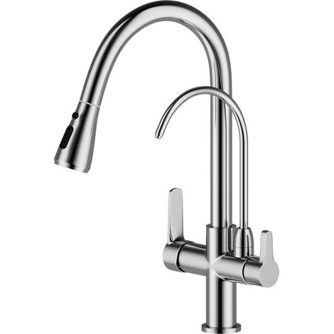 Kitchen taps Pure Water Filter Pull Down 360° Swivel Dual Handle Kitchen Sink Mixer Taps Brass Chrome，Not Include Filter System 3 Ways (1/5)