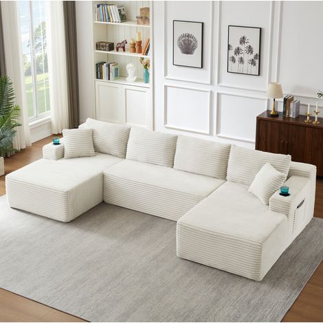 Canapé d'angle 339x168x82 cm en tissu beige, modulable pour salon moderne FloraGrace (1/5)