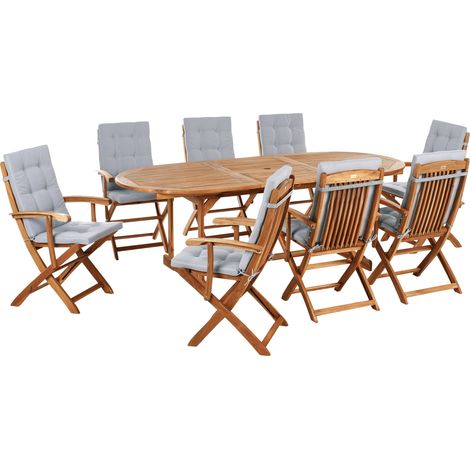 Conjunto de jardín 8 plazas de madera de acacia clara con mesa ovalada y sillas plegables con cojines gris claro Maui Premium (1/5)