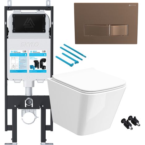 Gloss White Rimless Compact Square Wall Hung Toilet with 1.14m Concealed Cistern Frame Set - Brushed Copper Plate (1/4)