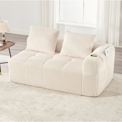 Canapé 2 places en tissu corduroy beige, sans montage, avec poche latérale et porte-gobelet HAVRYA (1/5)