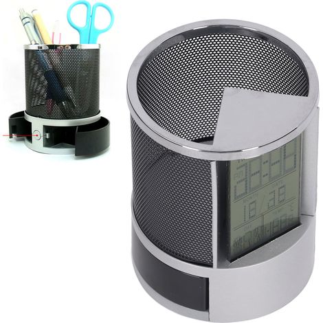 Regleta digital con forma de bolígrafo, con reloj electrónico, calendario perpetuo, despertador y temporizador, 8,5 x 8,5 cm, color negro. (1/5)