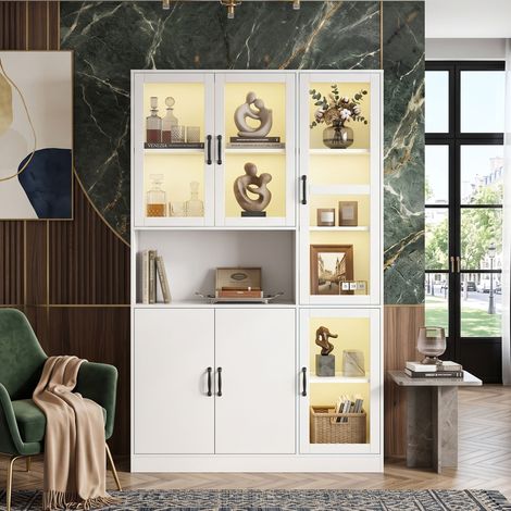 Creahappy Buffet Haut Vaisselier 120x40x200 cm - Rangement et Gain de Place - Vitrine LED Moderne 4 Portes Verre 2 Portes Bois - Blanc (1/5)