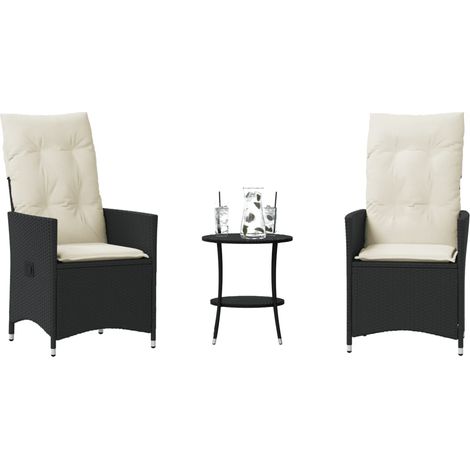 3-tlg. Bistro-Set mit Kissen Schwarz Poly Rattan