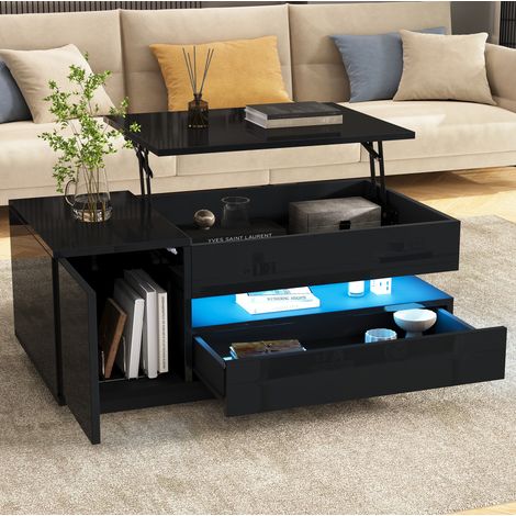 Table basse relevable 95x50x40 cm noire en panneaux de particules avec LED, tiroir, placard et rangement caché (1/5)