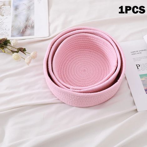 Panier de rangement tressé elliptique en corde de coton, idéal pour la maison et le bureau, avec 3 tailles disponibles. Lavable en machine. Couleur rose. (1/5)