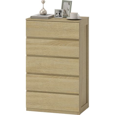 Commode en bois 5 tiroirs avec glissières métalliques et poignées rainurées - 60 x 39 x 100 cm - Teinte hêtre