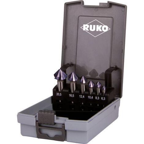 RUKO Jeu de 6 fraises coniques et ébavureuses DIN 335 Forme C 90° HSS-TiAlN Ø 6,3 - 20,5 mm en coffret plastique - 102152FRO (1/5)