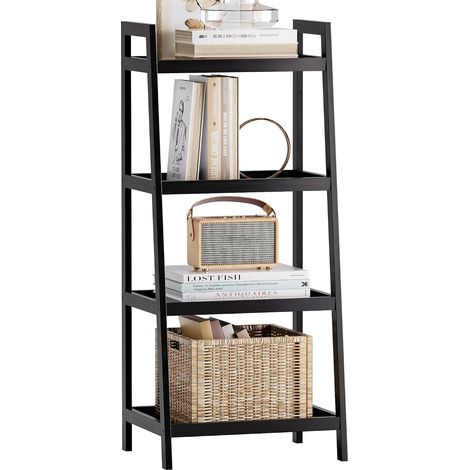 Bamboo Ladder Bookcase, 4 Levels and 5 Levels, Freestanding Plant Display Shelves, Space Saving Shelves for Bedroom, Kitchen, Balcony (Black, 4 Levels (99 cm H)) (1/5)