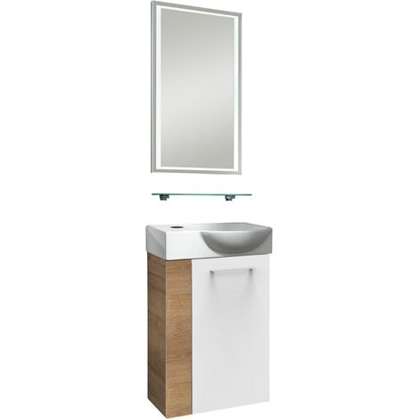 Fackelmann SBC MILANO Gäste WC Set 4-teilig 45 cm, Braun hell/Weiß, rechts, Keramik Hahnloch links, LED-Spiegel + Glasablage"-"90059145 (1/4)