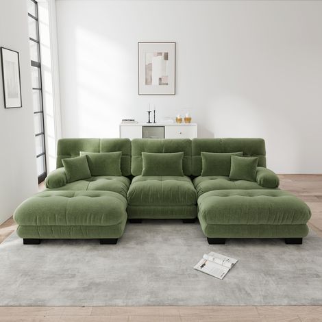Canapé modulaire d’angle luxueux nuage en U vert chenille. Canapé-lit surdimensionné à siège profond avec ottoman pour salon. (1/5)