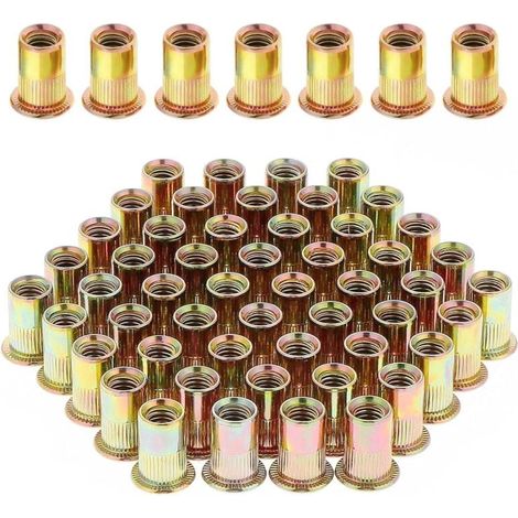 ZVD-100 Pièces Écrou à Rivet M8 Fileté à Tête Plate, Écrous à Riveter Fileter en Acier au Carbone Zingué, Assortiment M8 Rivet Inserts Filetés pour Métal Plastique (14 mm x 18 mm) (1/4)