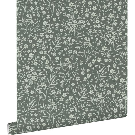 papier peint fleurs vert grisé - ESTAhome