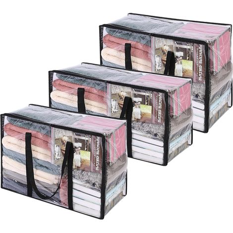 3 Pack sac de rangement de vêtements clairs, organisateur de placard zippé, conteneurs de stockage en plastique déplacer des sacs pour couette, couverture, literie, couette, jouets (1/5)