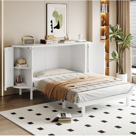 Lit escamotable mural bois blanc/naturel 140x200 cm avec sommier à lattes et rangements intégrés (1/5)