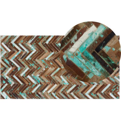 Alfombra de piel de vaca multicolor marrón azul 80 x 150 cm fabricada a mano patrón chevron Amasya