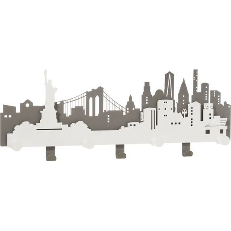 Appendiabiti da parete N.Y.C. skyline 78x30 cm in ferro con pomelli in legno, Design urbano moderno, ideale per ingresso o cameretta, Made in Italy