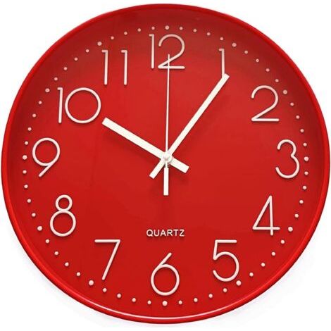 Horloge 30cm Murale Ronde silencieuse Moderne Horloge Murale à Quartz sans tic-tac pour Chambre à Coucher Salon Bureau Salle de Classe, Rouge (1/4)