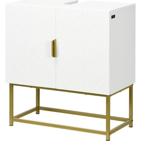 Badezimmer-Waschtisch mit Doppeltürschrank, goldfarbenen Metallbeinen, 60 x 30 x 65 cm, weiß