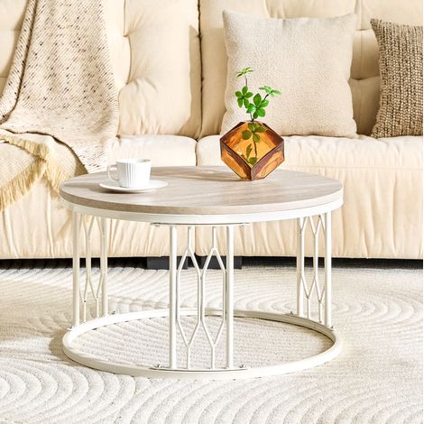 Table basse ronde 70 cm en MDF et métal blanc, plateau effet bois, design géométrique (1/5)