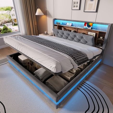 Polsterbett 160 x 200 cm aus Samt mit LED, USB, Type-C und Stauraum grau HAVRYA (1/5)