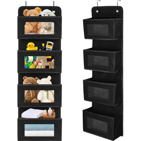 Rangement Suspendu,organisateur,rangement Suspendu Tissu,rangement Porte,Rangement Suspendu Avec 4 Poches En Tissu Et Fenêtres Transparentes Pour Rangement Chambre en Mural,salon,Bureau,Noir (1/5)