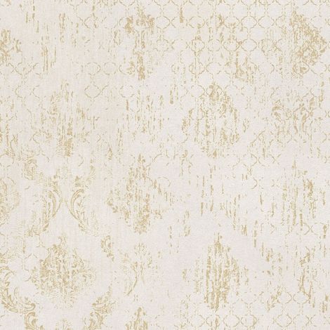 Baroque wallcovering wall Profhome 786722 hot embossed non-woven wallpaper textured with ornaments and metallic highlights cream gold 5,33 m2