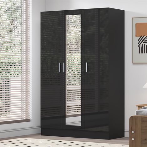 Reflect 3 Door Mirror Wardrobe - Black Gloss & Black Oak - Hanging Rail & 4 Shelves - Modern Design