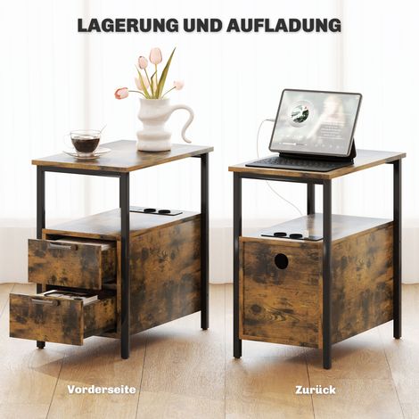 Table de chevet avec station de recharge USB et prises secteur, 2 tiroirs, étagère, pour salon ou chambre. (1/5)