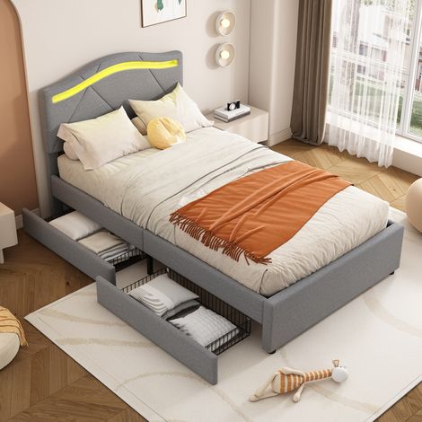 Letto Singolo con Cassetti 90×200 cm, Letto per Ragazzo con 2 Cassetti, LED Regolabile e Testiera Regolabile, senza Materasso, in Lino, Grigio