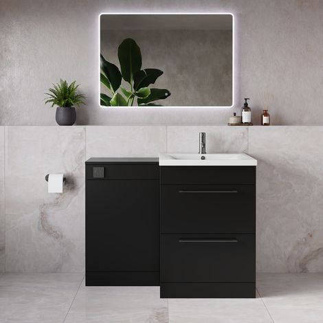 Napoli 460 Matt Black 1100mm 2 Drawer Vanity Unit Toilet Suite with Glide Basin - 1100mm - Gunmetal Grey 320mm HandleWithout Kingston Toilet Pan