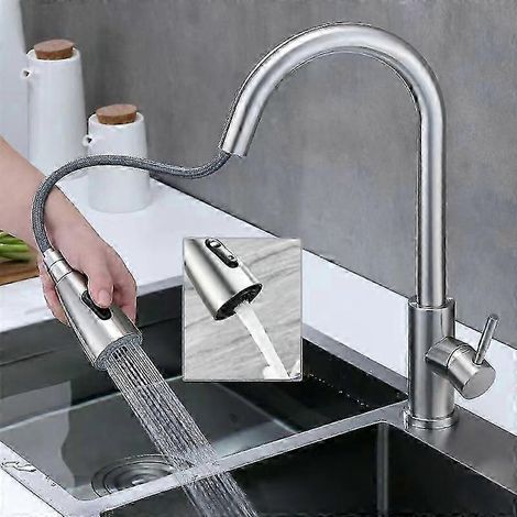 Robinet de cuisine avec mitigeur pivotant à 360° et douchette extensible, 3 modes de jet, robinet d'évier en acier inoxydable (plaqué nickel) (1/5)