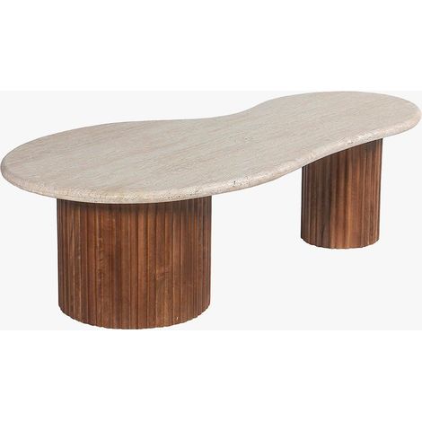 Mobilier Deco – Table basse fixe 120 cm en bois de manguier et travertin – Pieds cylindriques nervurés – Design contemporain pour salon moderne (1/5)