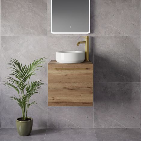 Napoli 390 Tobacco Oak 500mm Wall Mounted Single Drawer Vanity Unit for Countertop Basins - 500mm - Brushed Brass 320mm Handle