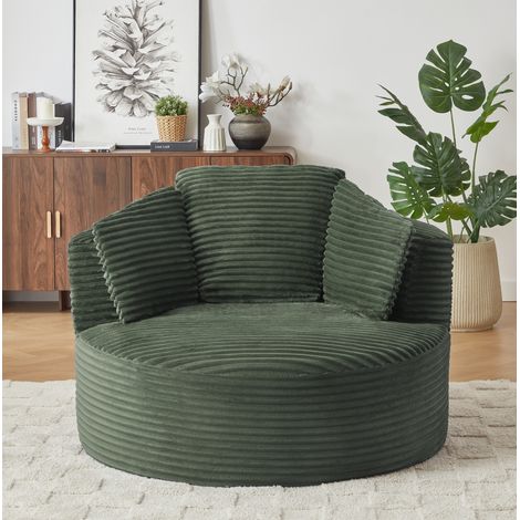 Poltrona rotonda verde in velluto a coste con seduta profonda ed effetto nuvola, schienale ergonomico (1/5)