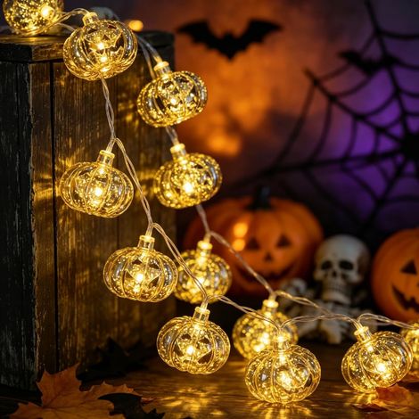 Guirnalda de luces de Halloween de 3 m (10 pies) con 20 LED en forma de calabaza y calavera, alimentada por USB, resistente al agua IP44, decoración espeluznante (1/4)