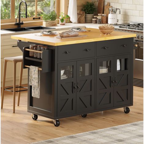 Mobile Kücheninsel 140x73x93,5 cm MDF/Metall schwarz, viel Stauraum – MEUBLIV (1/5)