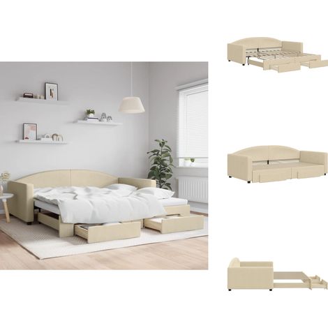 Lit de jour avec gigogne et tiroirs crème 100x200 cm tissu - Canapé Convertible - Lit Gigogne - Meuble Multifonctionnel - Lit D'appoint - Rangements Intégrés (1/5)