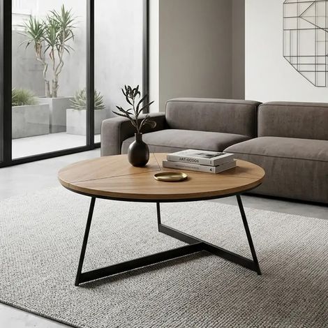 Table basse ronde avec plateau aspect chêne 80cm et piètement design en métal noir PHEBUS (1/5)