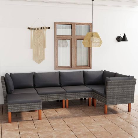 6-tlg. Garten-Lounge-Set mit Kissen Poly Rattan Grau (1/5)