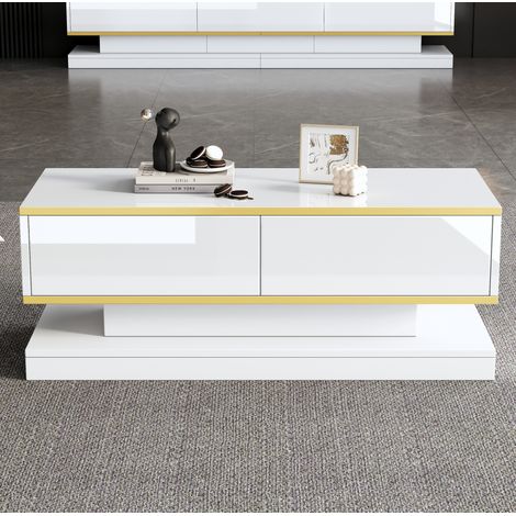 Mesa centro salón con 2 cajones brillo blanco dorado HAVRYA (1/5)