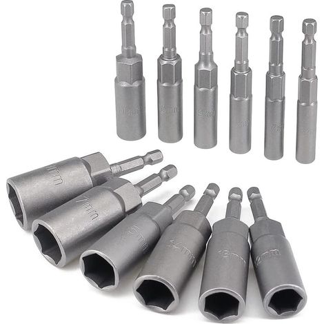 Set mit 12 Tiefbett-Steckschlüsseln von 6 bis 19 mm, 6,35-mm-Sechskant-Schraubendreherbits, Schlagschrauber mit langem Schaft, Bolzenausdreher, Steckschlüssel für Elektrowerkzeuge mit Schnellwechselan (1/4)