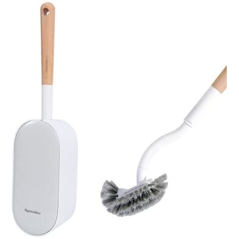 Brosse de toilette avec support, outil de nettoyage incliné au design incurvé avec manche en bois, ensemble de brosses de toilette murales pour salle de bain (1/5)