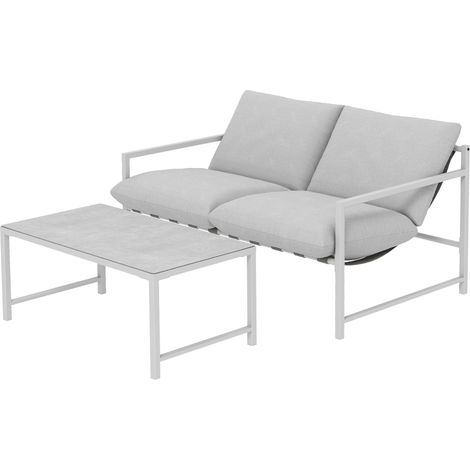 2-teiliges Gartenmöbelset, Sofa mit Kissen, Couchtisch aus gehärtetem Glas in 3D-Marmoroptik, 125 x 80 x 64 cm, hellgrau