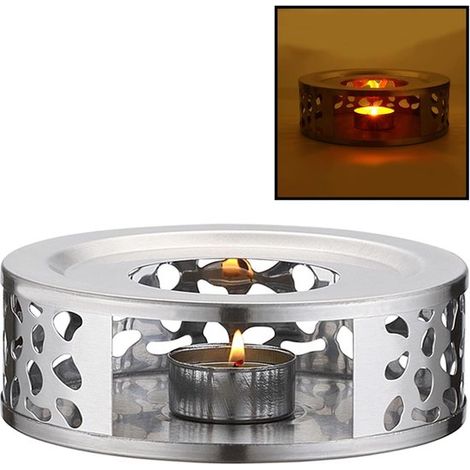 Porte-bougie chauffe-plat - Chauffe-théière - Théière en acier inoxydable brossé - Présentoir à thé - 15 cm - Argenté (1/5)