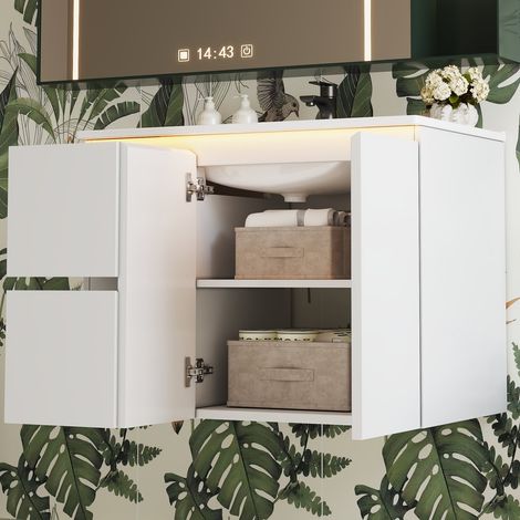 Waschtischunterschrank mit Becken 76 x 47 x 57 cm, wandhängend, LED-Radarsensor, weiß HAVRYA (1/5)