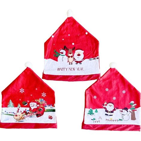 Housse de chaise de Noël Père Noël Bonhomme de neige Housses de chaise rouges Décoration de Noël Décoration de dîner à la maison, 3